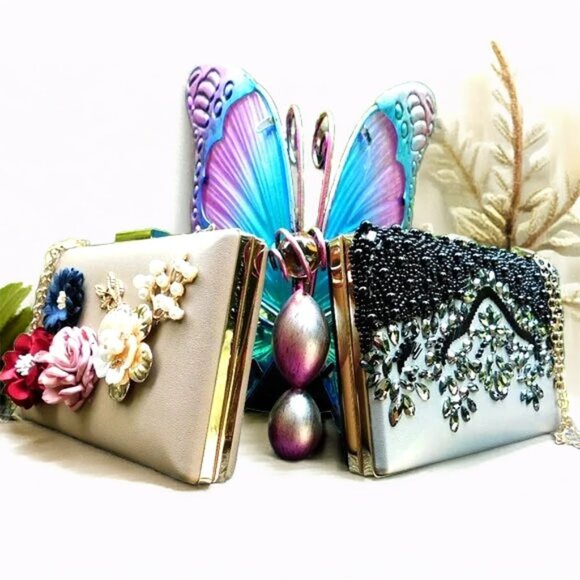 2 Beaded Floral Pretty Clutch shoulder Chain Purses Bags - Picture 2 of 9